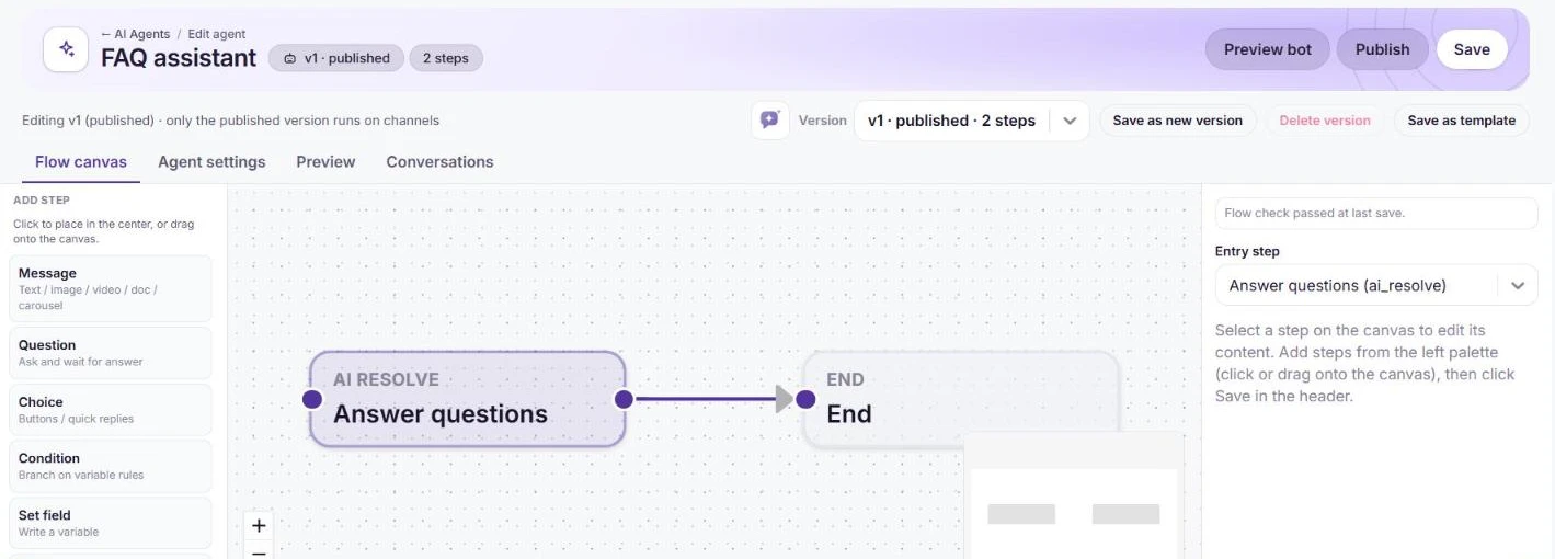 The flow canvas with an AI resolve step connected to an End step, the step palette on the left and the entry step on the right
