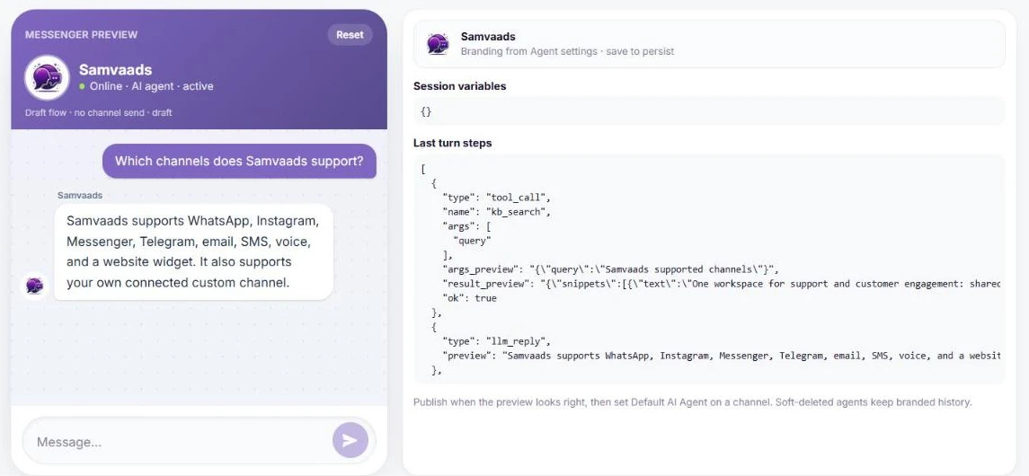 The agent Preview tab with a test question about supported channels and the agent’s answer, beside the tool steps it ran