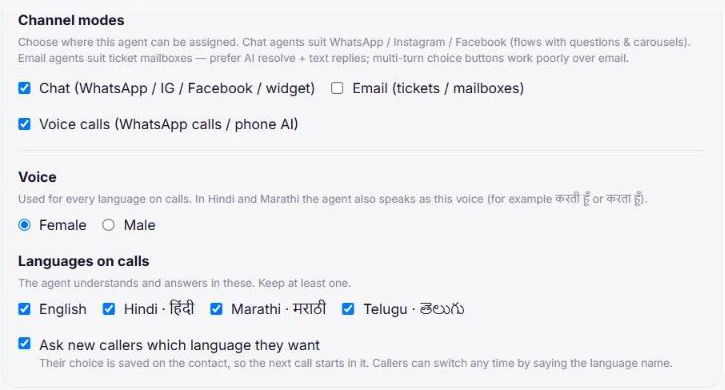 Agent settings showing Voice calls ticked under channel modes, a female voice, and call languages English, Hindi, Marathi and Telugu