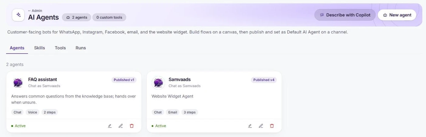 The AI Agents page in Samvaads with two published agents; the FAQ assistant runs on Chat and Voice
