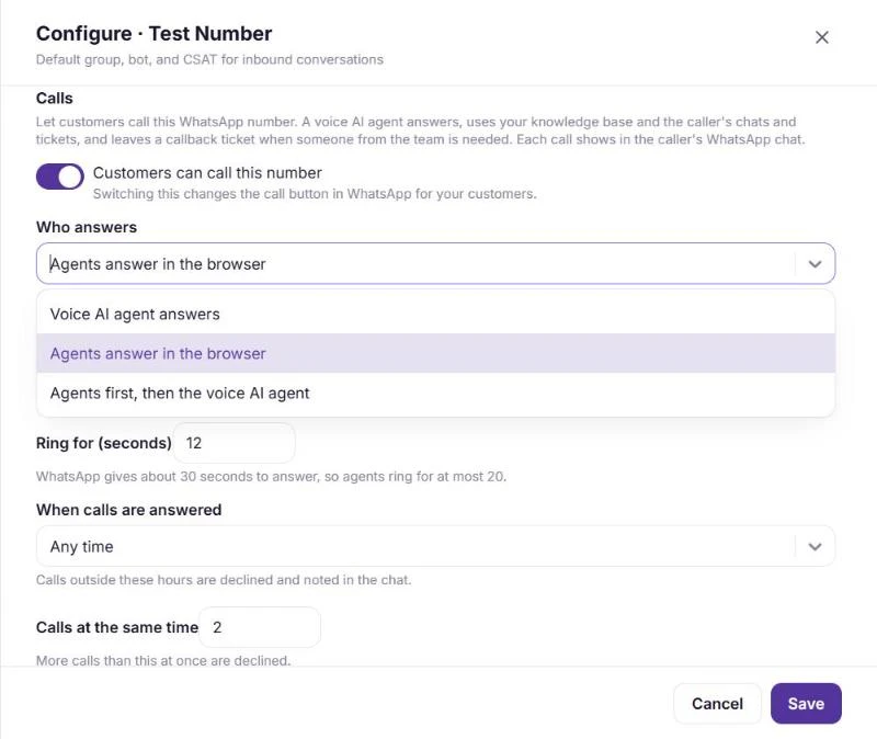 The Who answers options for WhatsApp calls: Voice AI agent answers, Agents answer in the browser, and Agents first, then the voice AI agent
