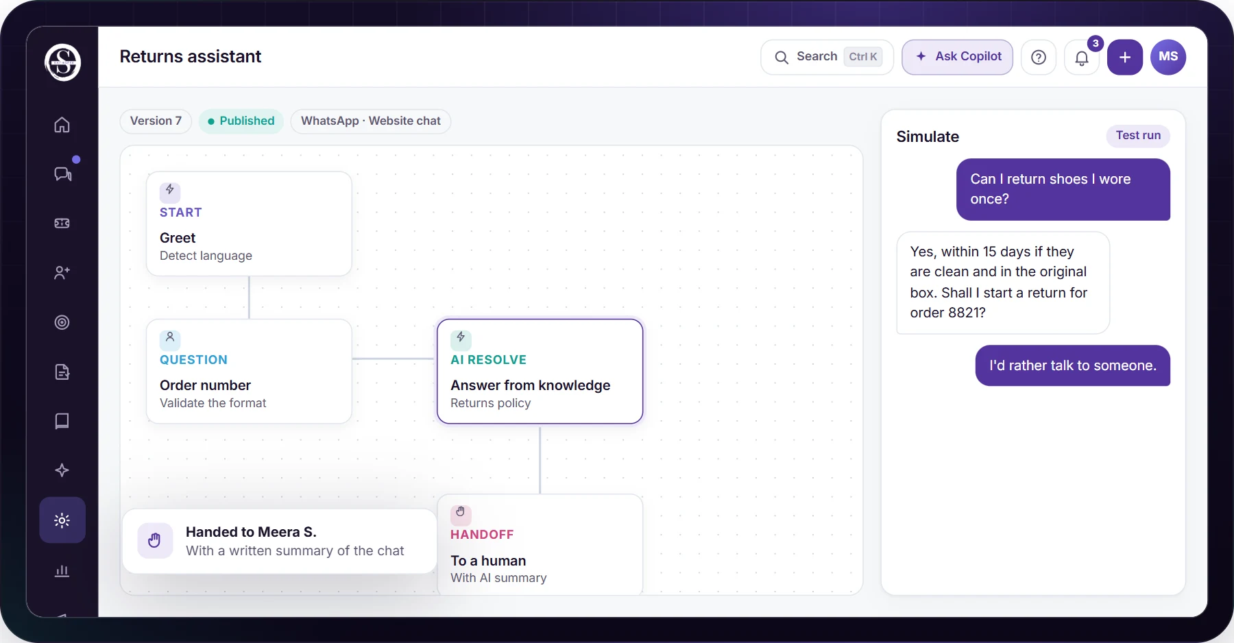 An AI agent flow in Samvaads with greet, order number, answer from knowledge and handoff steps, and a simulator panel