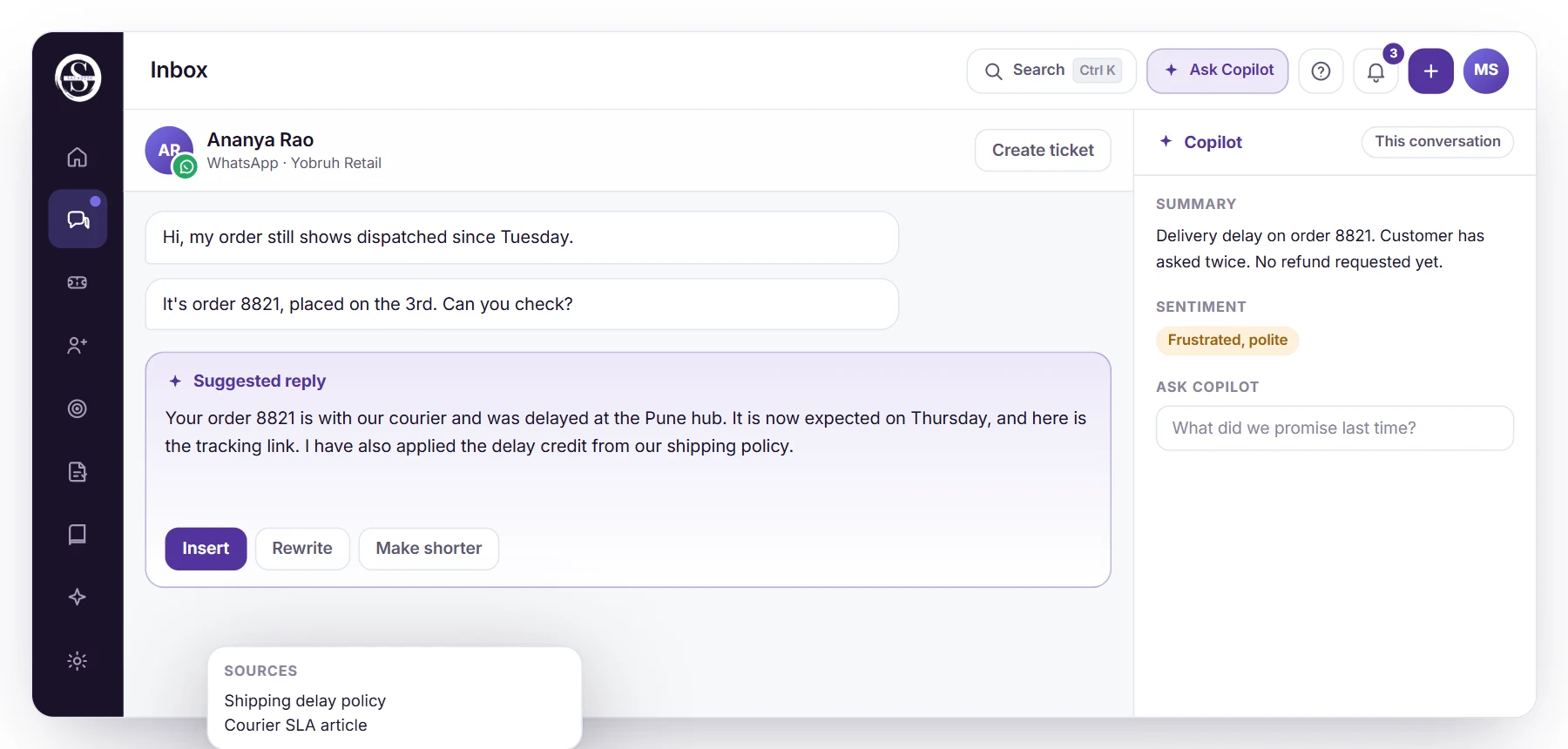 Copilot beside a delayed-order conversation, showing a summary, sentiment, a suggested reply and its sources