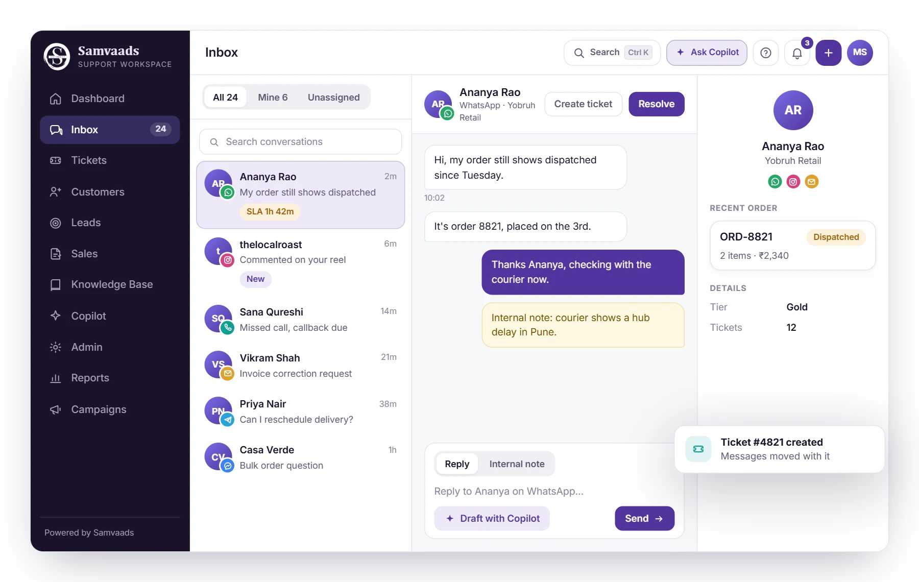 The Samvaads shared inbox with conversations from several channels, an open WhatsApp thread and the customer's details