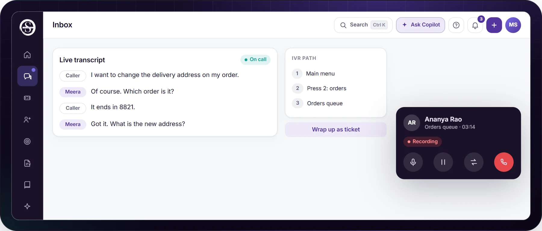 A call in the Samvaads inbox showing a live transcript, the IVR path the caller took, and call controls