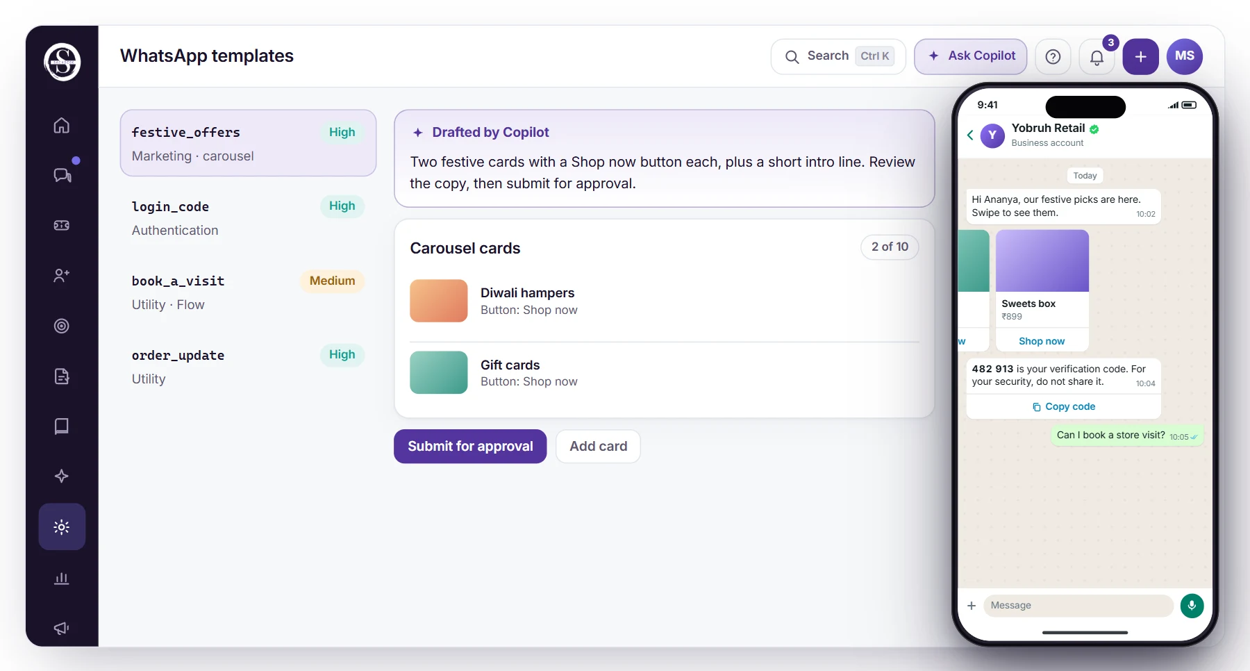 WhatsApp templates in Samvaads with quality ratings, a Copilot-drafted carousel and a phone preview