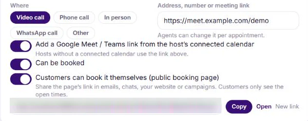 An appointment type with Can be booked and Customers can book it themselves (public booking page) switched on