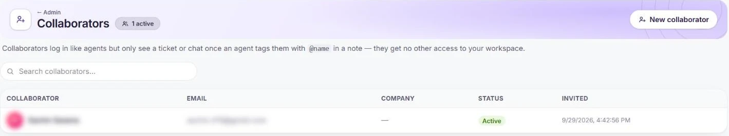 The Collaborators page with one active collaborator, details blurred