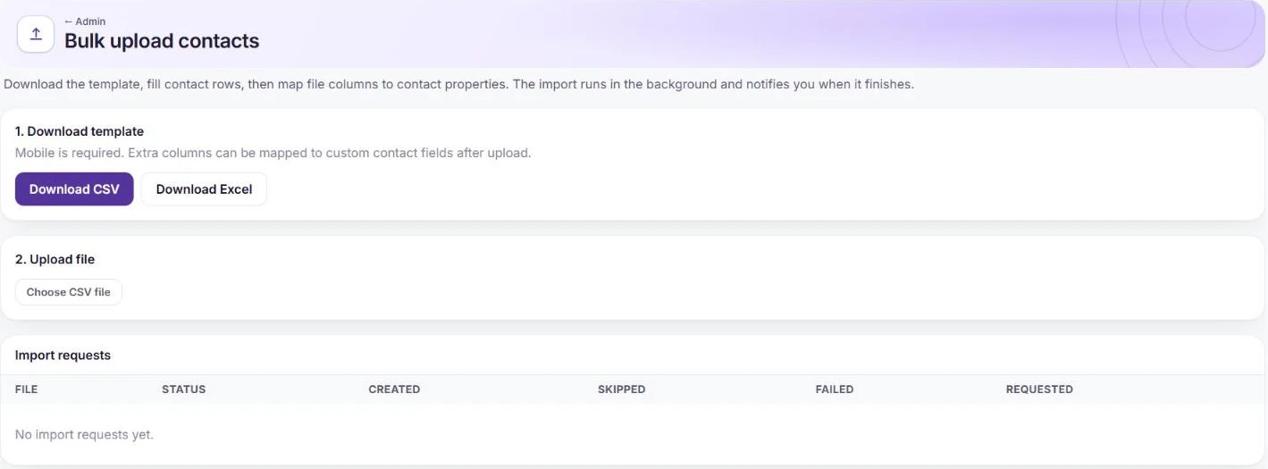 The Bulk upload contacts page with template downloads, file upload and import history