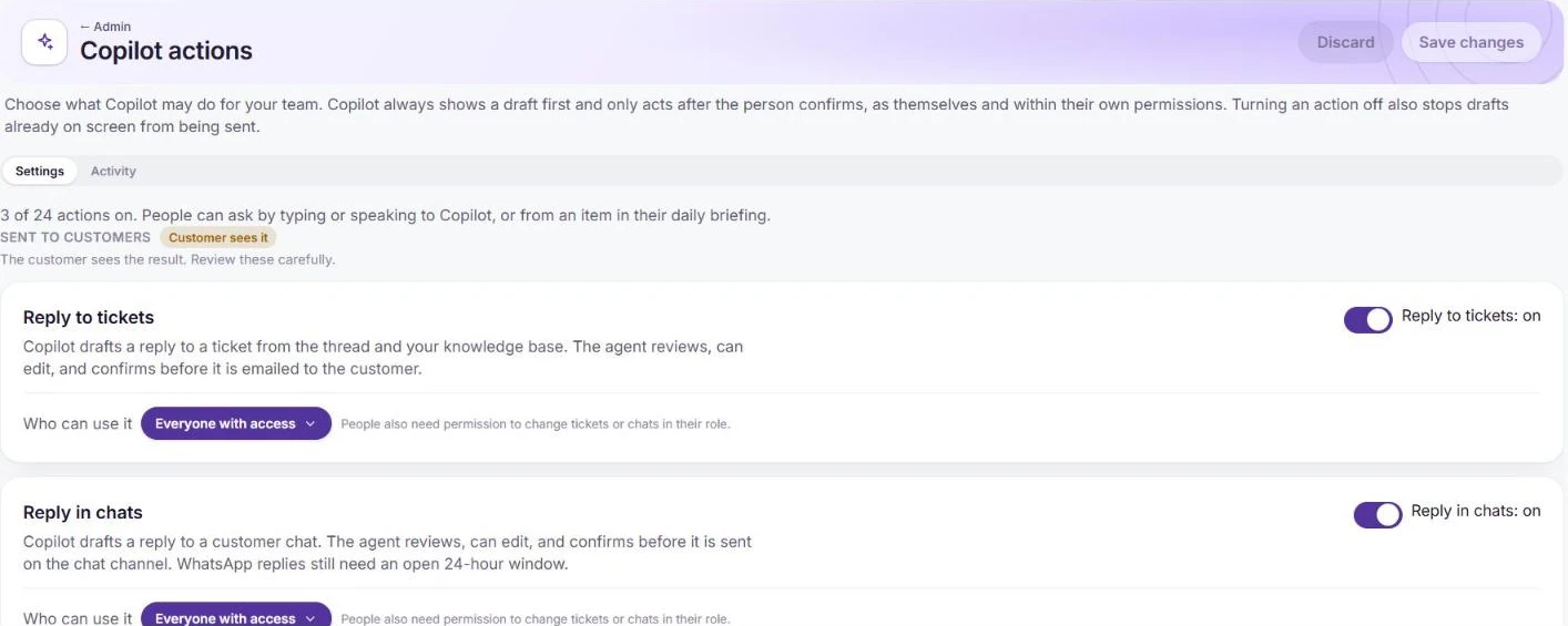 Copilot actions with Reply to tickets and Reply in chats switched on, and who can use each one