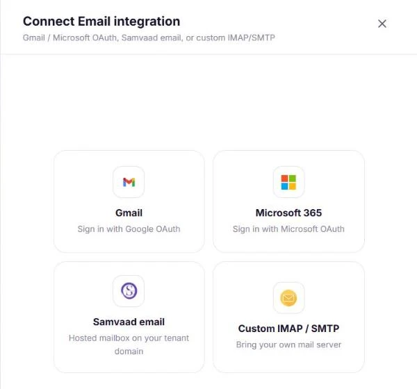The Connect Email integration panel with Gmail, Microsoft 365, Samvaad email and Custom IMAP / SMTP options