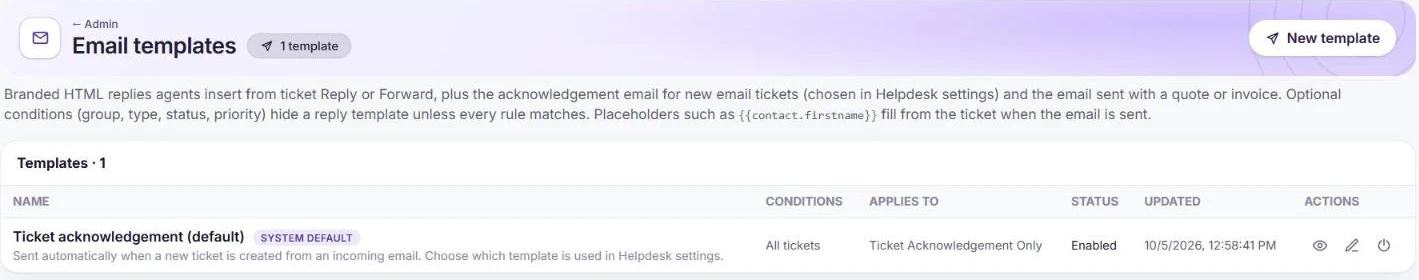 The Email templates page with the default ticket acknowledgement template