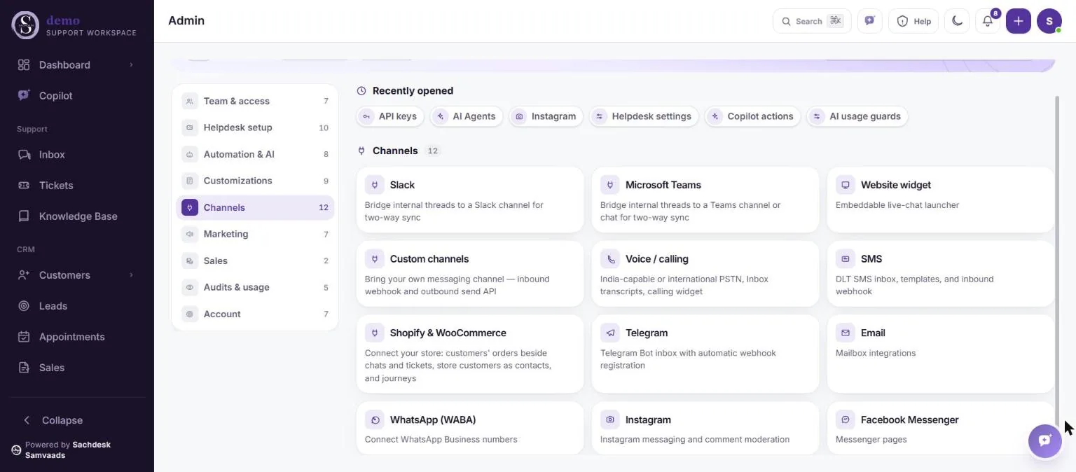 The Channels area of the Admin hub with Slack, Microsoft Teams, Website widget, SMS, Email, WhatsApp, Instagram and Facebook Messenger