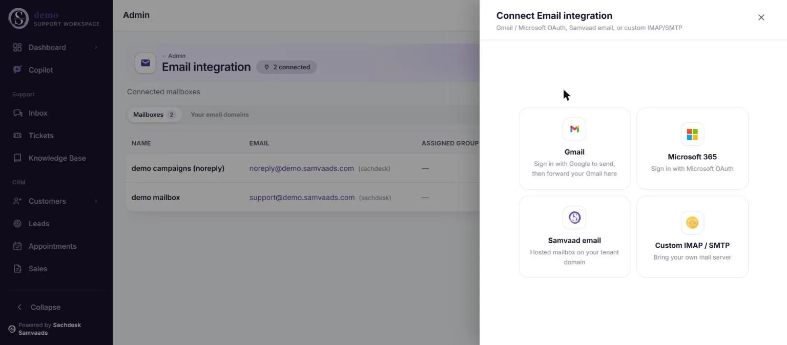 The Connect Email integration panel with Gmail, Microsoft 365, Samvaad email and Custom IMAP / SMTP