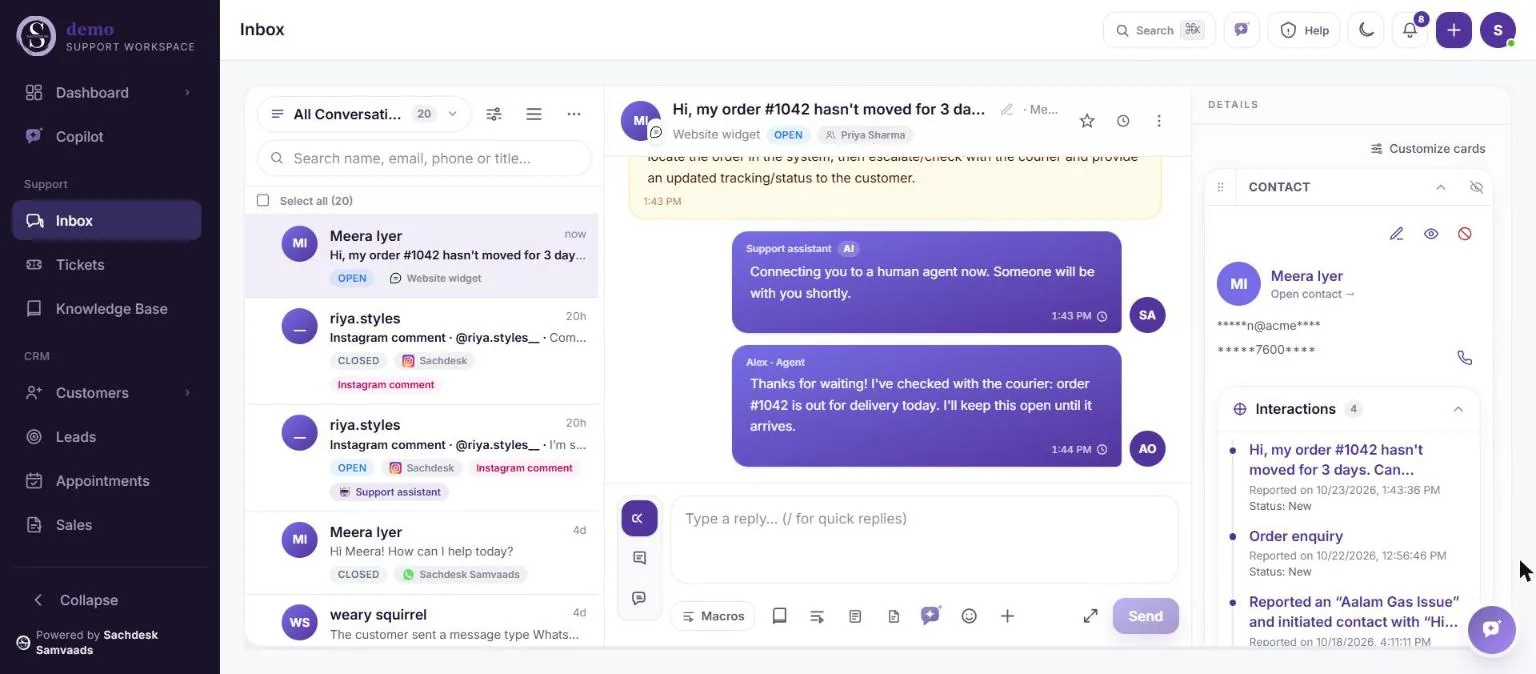 The Inbox with a website chat open, the AI handover message and the agent’s reply about the order