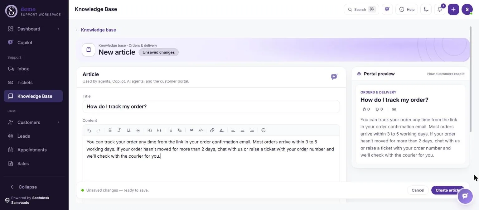 A new article titled How do I track my order? with the portal preview beside the editor