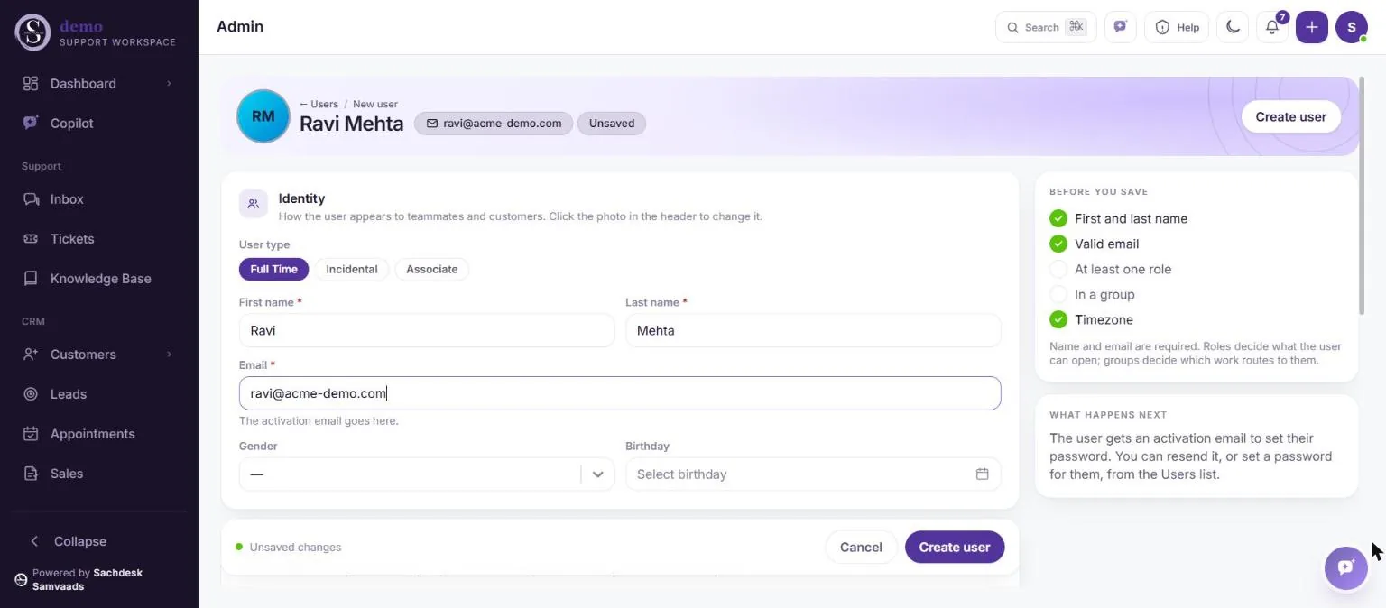 The New user form filled in with a sample name and email, with a checklist of what is needed before saving