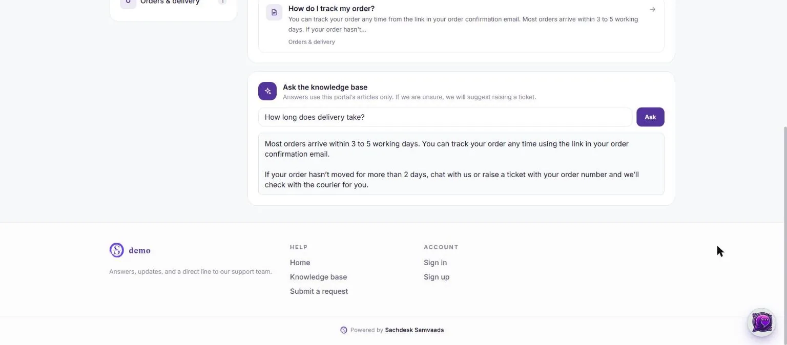 The customer portal knowledge base with a question asked in plain words and an answer drawn from the article