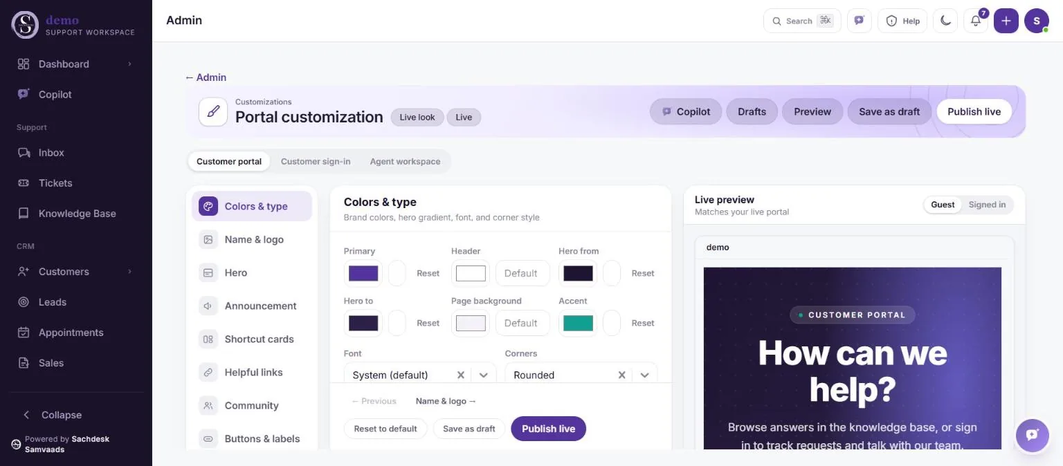Portal customization with colours and type settings and a live preview of the portal hero