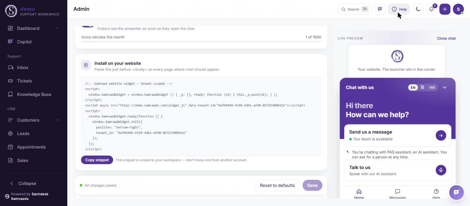 The Install on your website section with the widget snippet, a Copy snippet button and the live chat preview