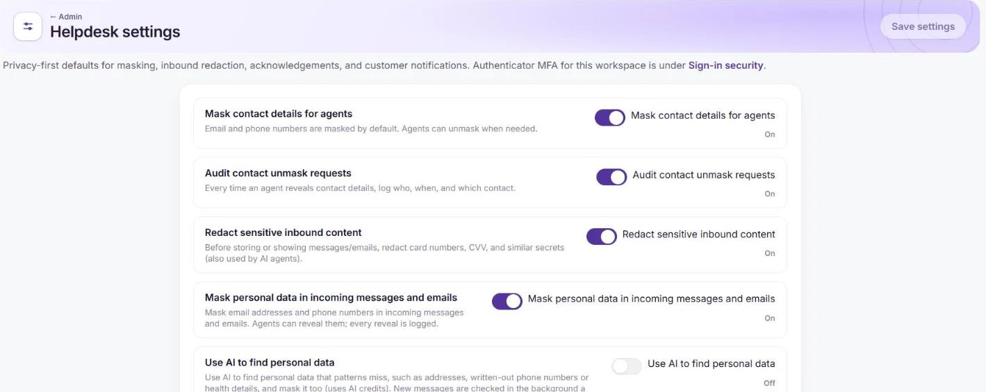 Helpdesk settings with masking, unmask audit, redaction of sensitive content and personal data masking switched on