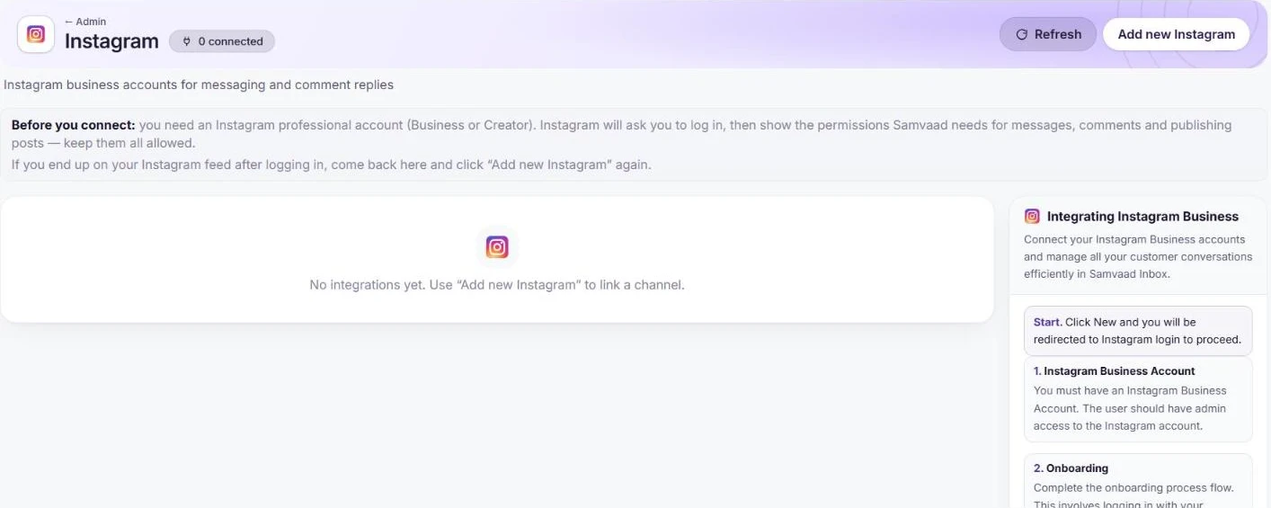 The Instagram page in Samvaads with the before-you-connect note and setup steps