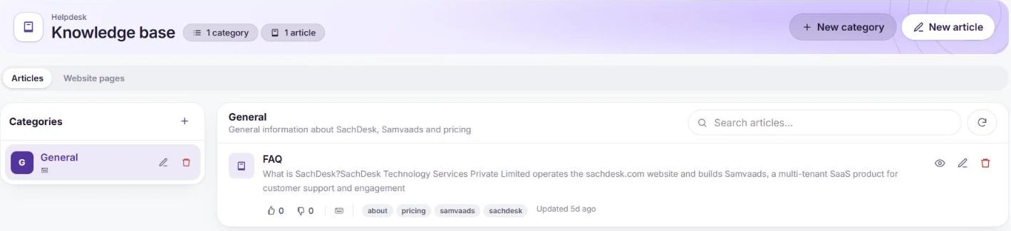 The Knowledge base page with a category list and an article with tags