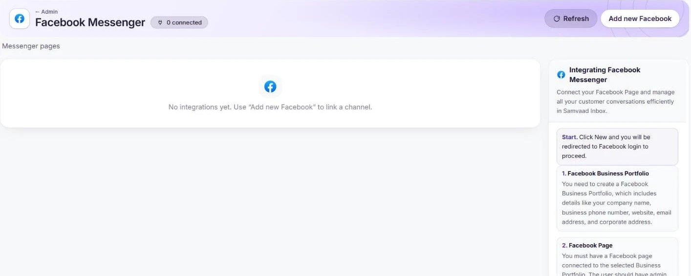 The Facebook Messenger page in Samvaads with setup steps for the Business Portfolio and Page