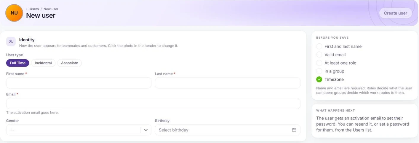 The New user form with user type, name, email, and a checklist of name, email, role, group and timezone