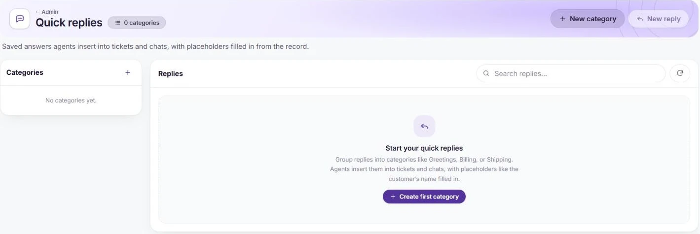 The Quick replies page with categories and an empty replies list ready for the first category