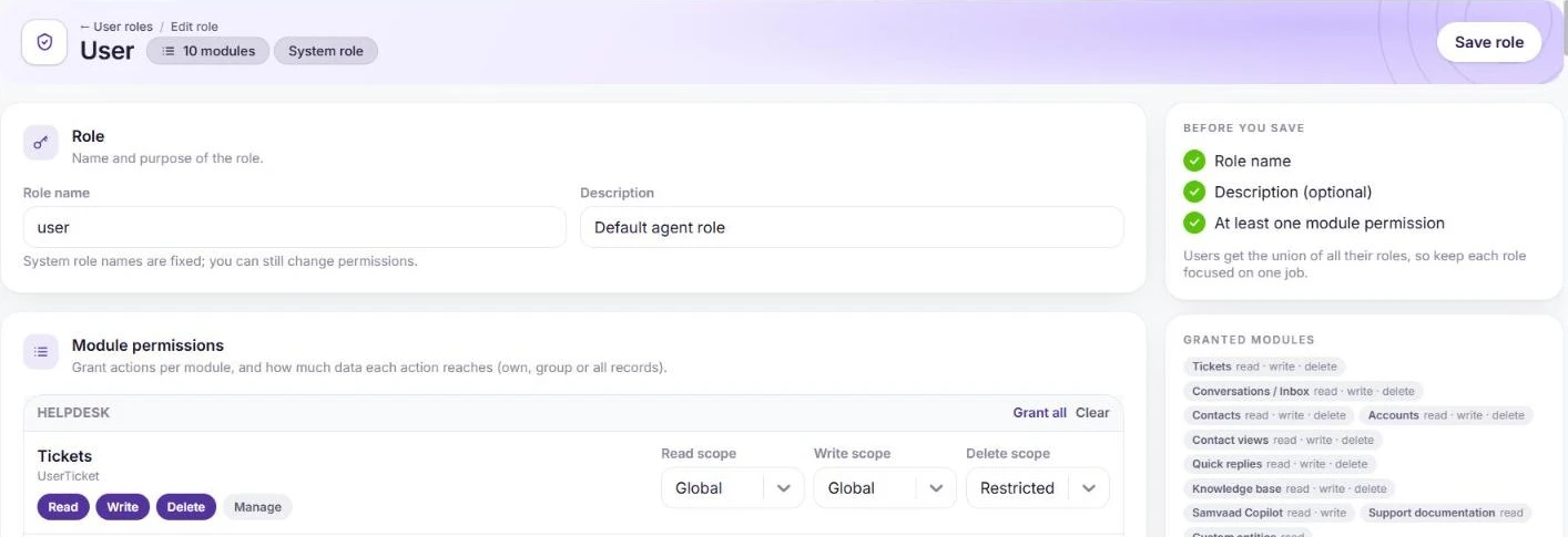 Editing the User role, with module permissions for tickets and a summary of granted modules