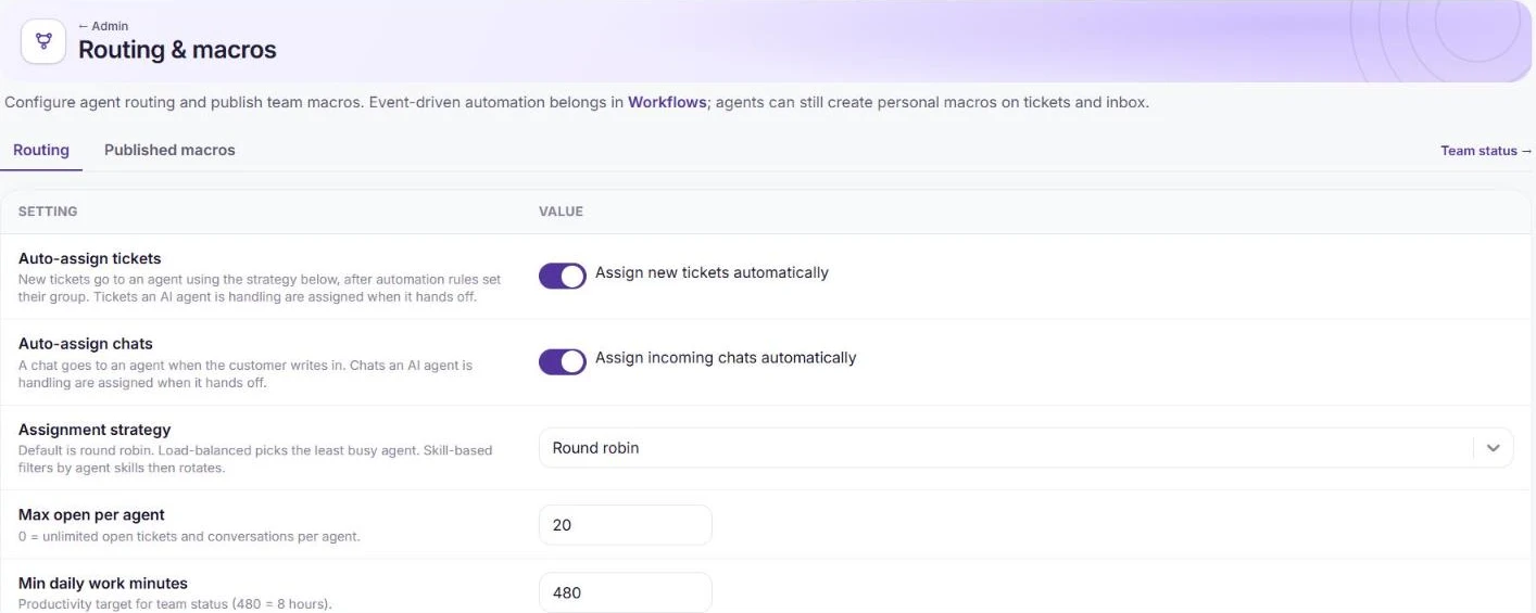 Routing settings with auto-assign for tickets and chats, round robin strategy and max open per agent