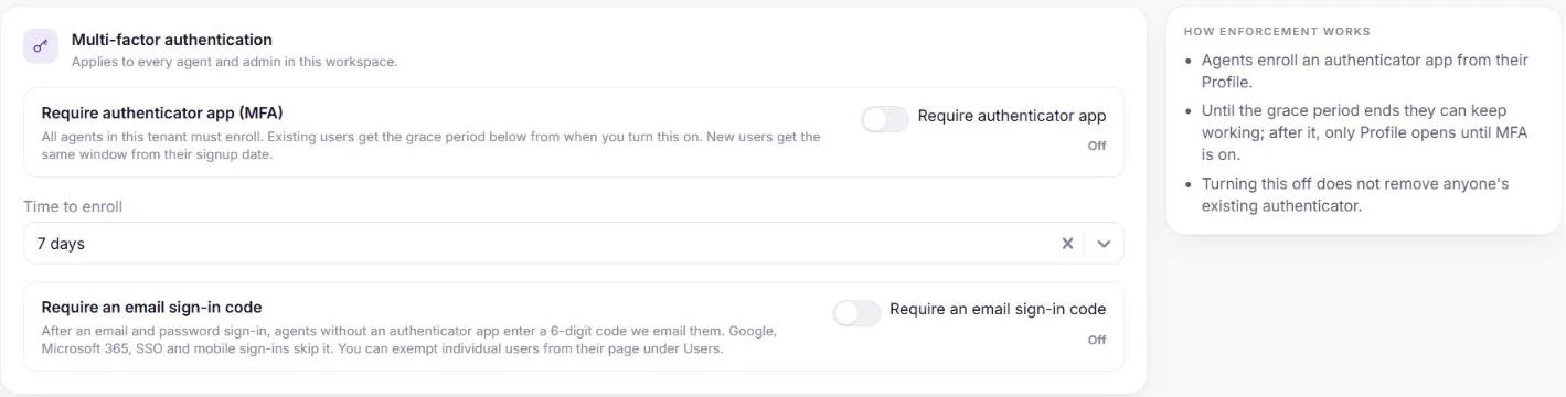 Sign-in security with the authenticator app requirement, time to enroll and email sign-in code options