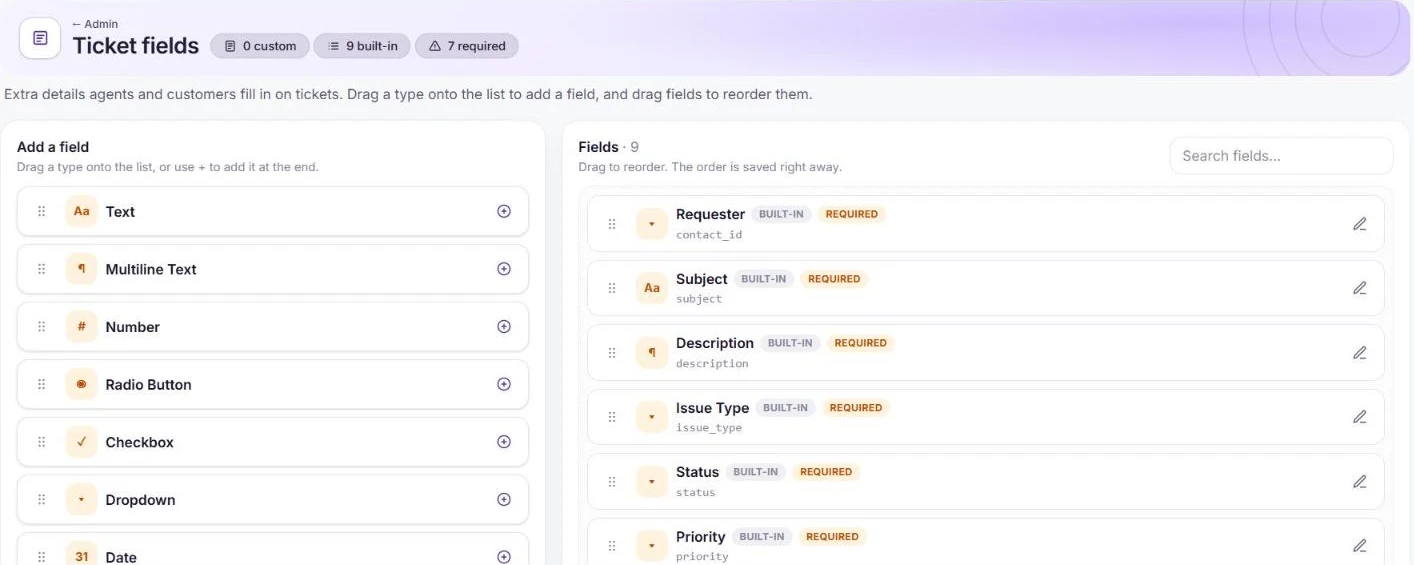 The Ticket fields page with field types to add on the left and the built-in fields on the right