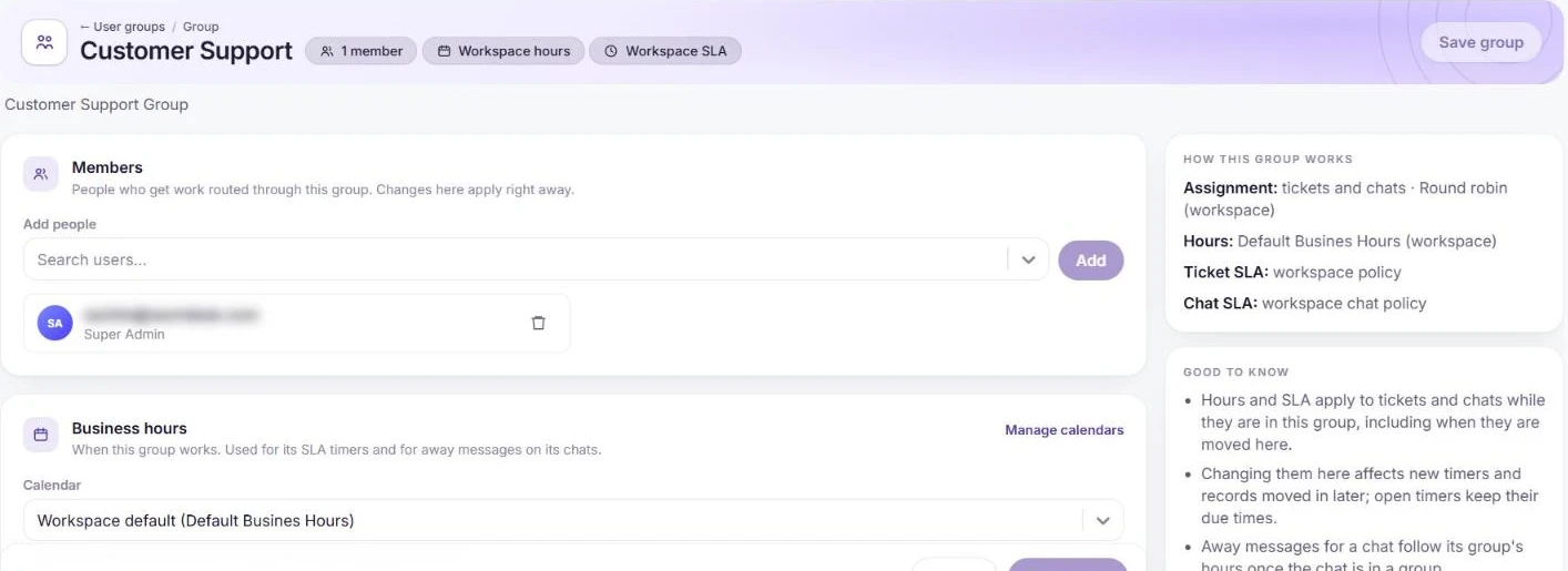 A group’s settings with members, business hours calendar and a summary of how the group works