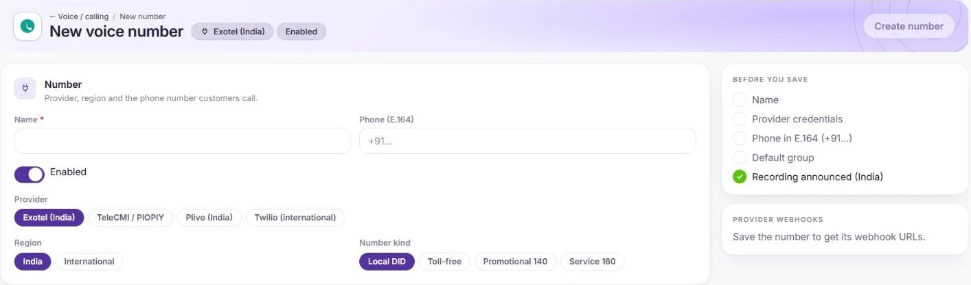 The New voice number form with provider choices Exotel, TeleCMI / PIOPIY, Plivo and Twilio, region and number kind