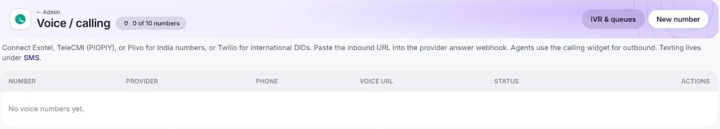 The Voice / calling page with no numbers yet, and IVR & queues and New number buttons
