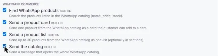 The WhatsApp commerce tools ticked in an AI agent’s allowlisted tools: find WhatsApp products, send a product card, send a product list and send the catalog