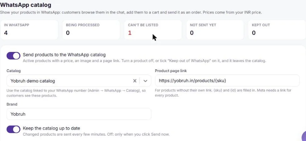 The WhatsApp catalog page with four products in WhatsApp, none being processed, one that cannot be listed, none waiting and none kept out