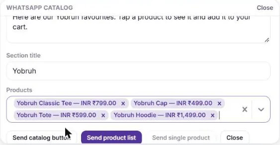 The WhatsApp catalog panel in the Inbox with a message, the section title Yobruh and four products selected, with buttons to send the catalog, a product list or a single product