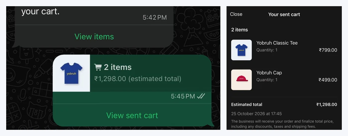 The sent cart in the customer’s WhatsApp chat with two items and the estimated total, next to the sent cart details with the tee and the cap