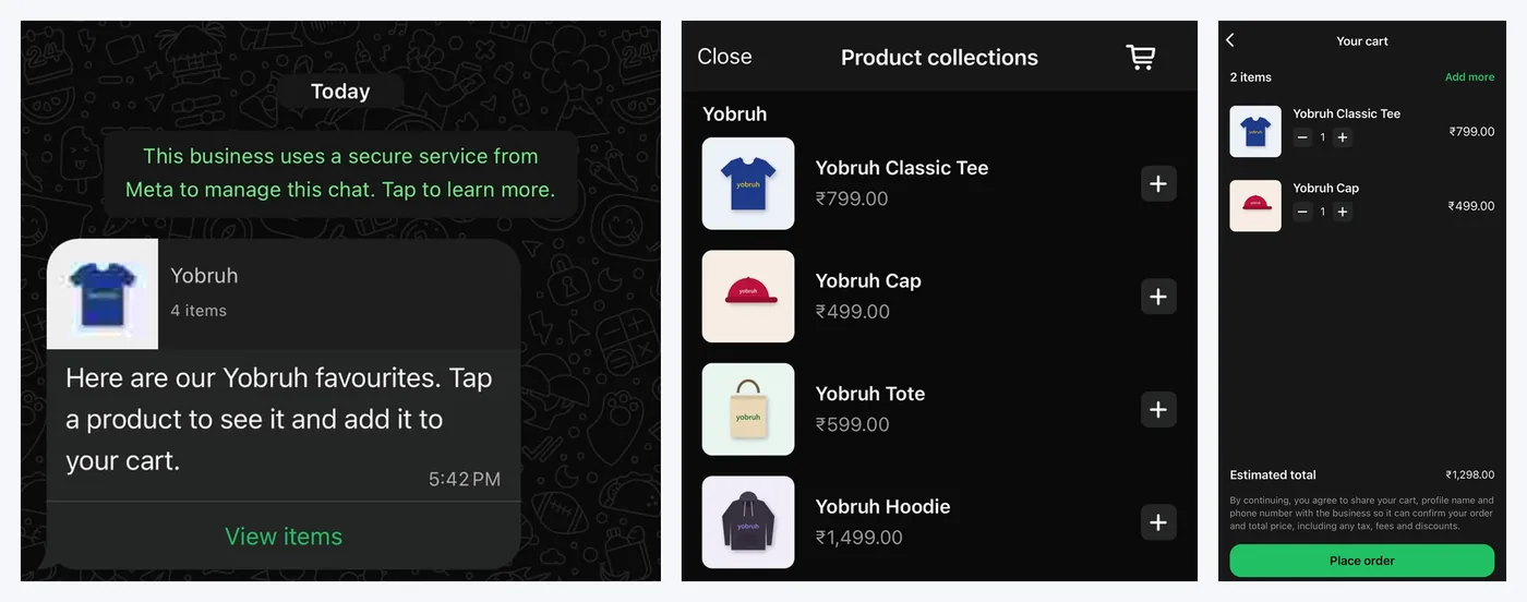 Three phone screens: the Yobruh product list message in WhatsApp, the product collection with the tee, cap, tote and hoodie, and the cart with two items and a Place order button