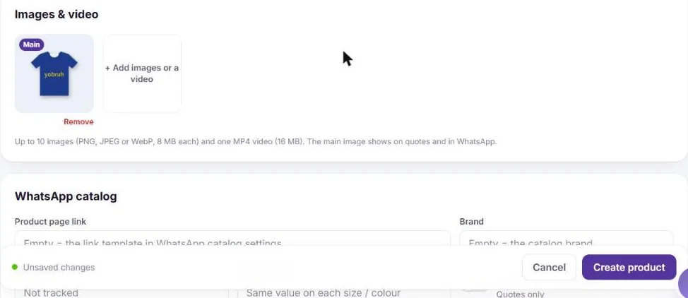 A product in Samvaads with its main photo under Images & video, and the WhatsApp catalog fields: product page link, brand, stock to sell and variant group