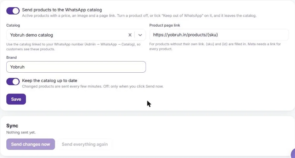 WhatsApp catalog settings with sending switched on, the Yobruh demo catalog picked, a product page link pattern and the brand Yobruh