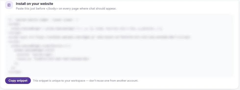 The Install on your website section with a blurred workspace snippet and a Copy snippet button
