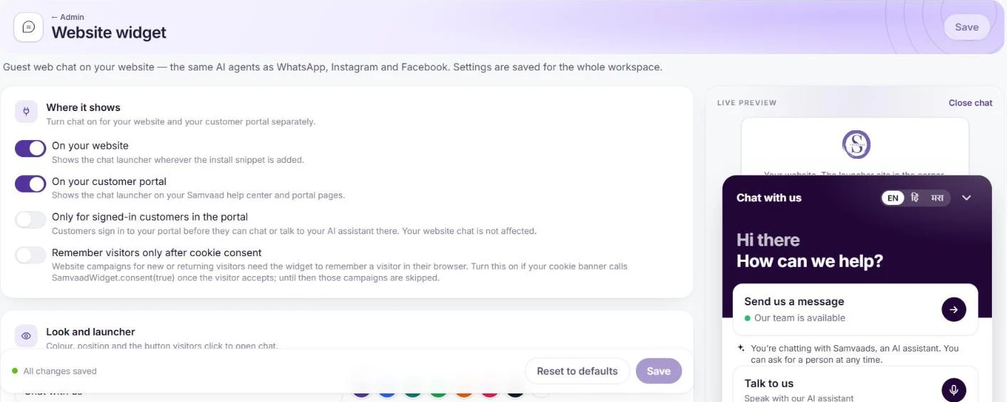 Website widget settings with where-it-shows toggles and a live preview of the chat with Send us a message and Talk to us