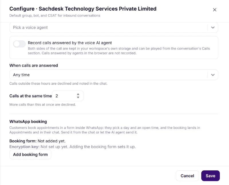The WhatsApp booking section of a WhatsApp number’s Configure panel, with the booking form not added yet and an Add booking form button