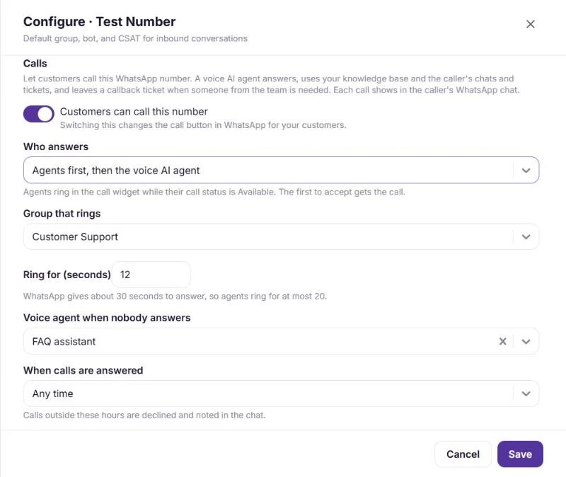 Who answers set to Agents first, then the voice AI agent, with the FAQ assistant chosen as the voice agent when nobody answers