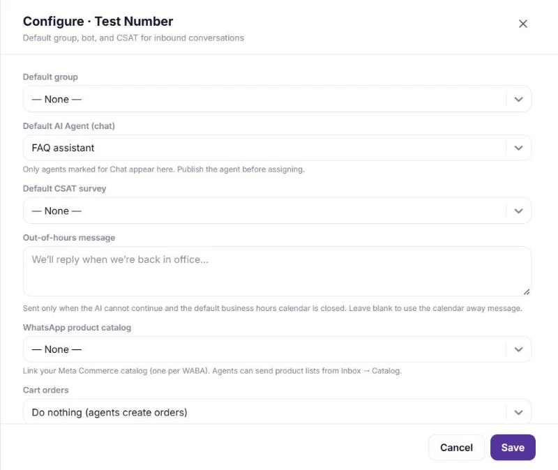 The WhatsApp Configure panel with the Default AI Agent (chat) set to a published agent
